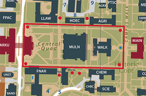 Map of walk-only area between Arkansas Union and Old Main.