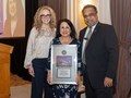U of A College of Engineering Dean Kim Needy (center) accepts her distinguished alumni award from Lisa Maillart, interim chair of the Department of Industrial Engineering (left), and Sanjeev Shroff, interim U.S. Steel Dean of the University of Pittsburgh Swanson School of Engineering.