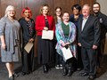Celebrating faculty who received their full credential in effective college teaching. Pictured from left to right: Deborah Korth, Charini Urteaga, Christy Smith, EmmaLe Davis, Kathy Koziol, Catherine Heath, Angela Mensah, Provost Terry Martin and Heath Schluterman 