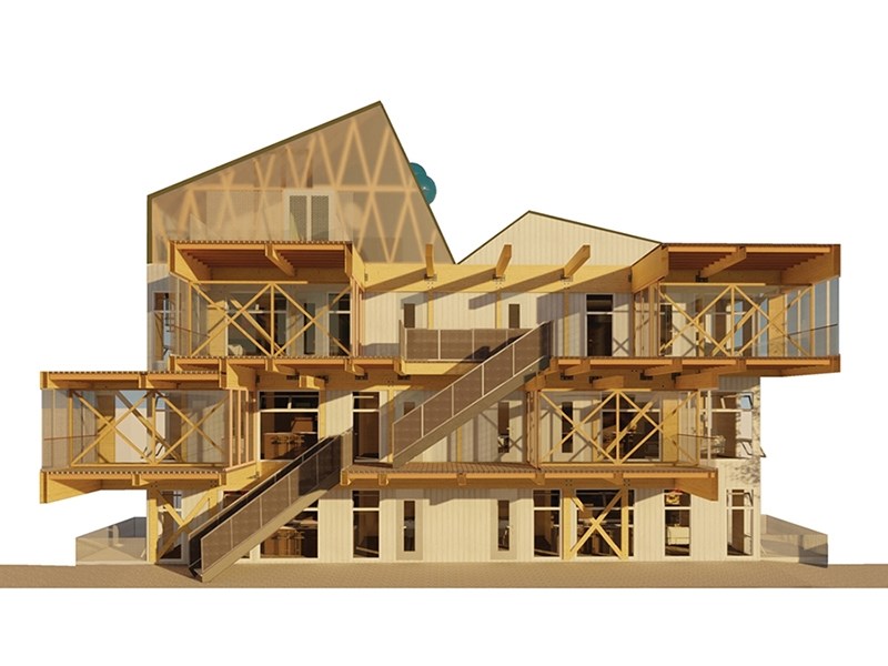 Stacked glulam trusses — made from rectangular rather than triangular frames — extend the living space of these garden apartment units through patios, screened porches or rooftop decks. This design is from "Wood City: Timberizing the City's Building Blocks," an earlier project by the U of A Community Design Center also supported by Weyerhaeuser.