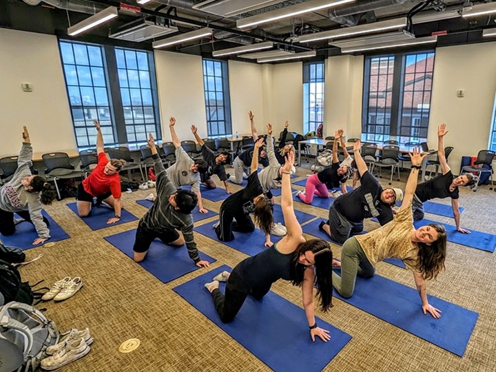 Students in "The Mind-Body Connection" Dean's Seminar practicing yoga during a class session.