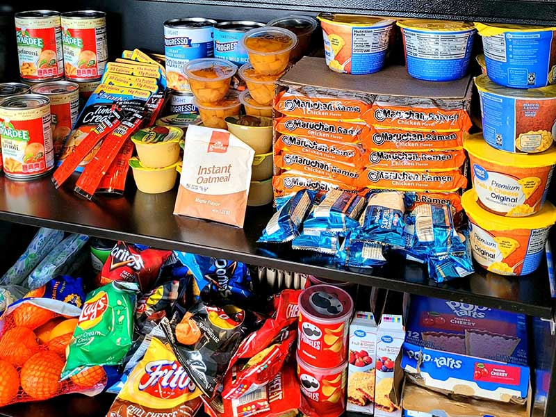 pantry contents, including canned goods and packaged meals