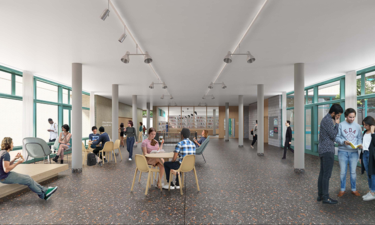 architectural rendering showing lobby of Fine Arts Center reopened
