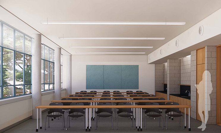 architectural rendering shows a Fine Arts Center classroom after renovation