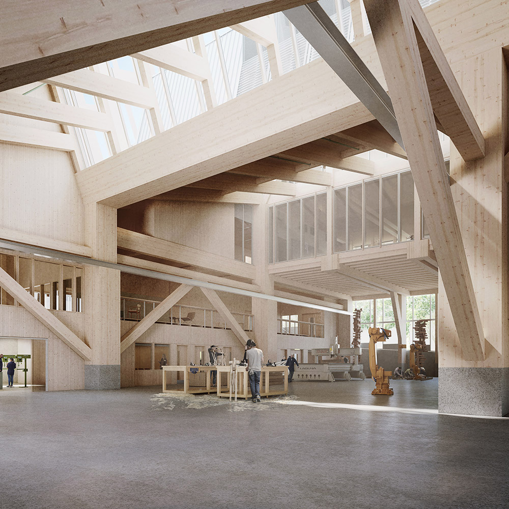 An architectural rendering shows the fabrication shop as the largest and most active space in the Anthony Timberlands Center for Design and Materials Innovation