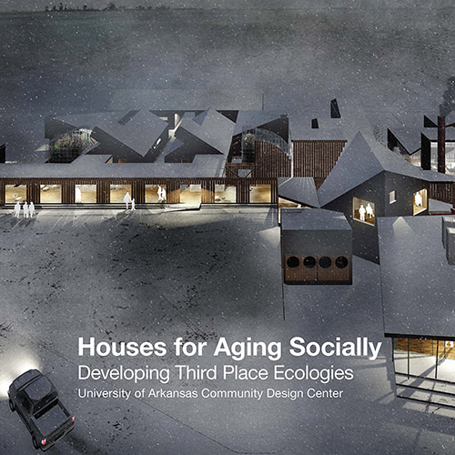 The cover of the book "Houses for Aging Socially," which depicts a drawing of a modern building in a winter scene.
