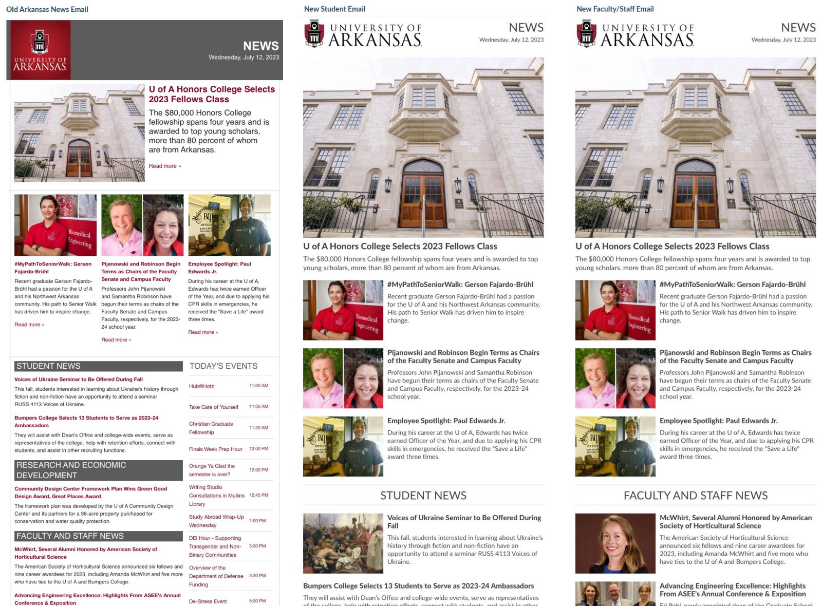 Side-by-side comparisons of the old Arkansas news email with two new versions