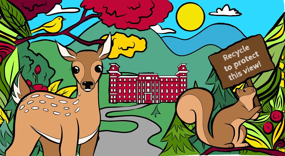 graphic design including woodland animals and Old Main