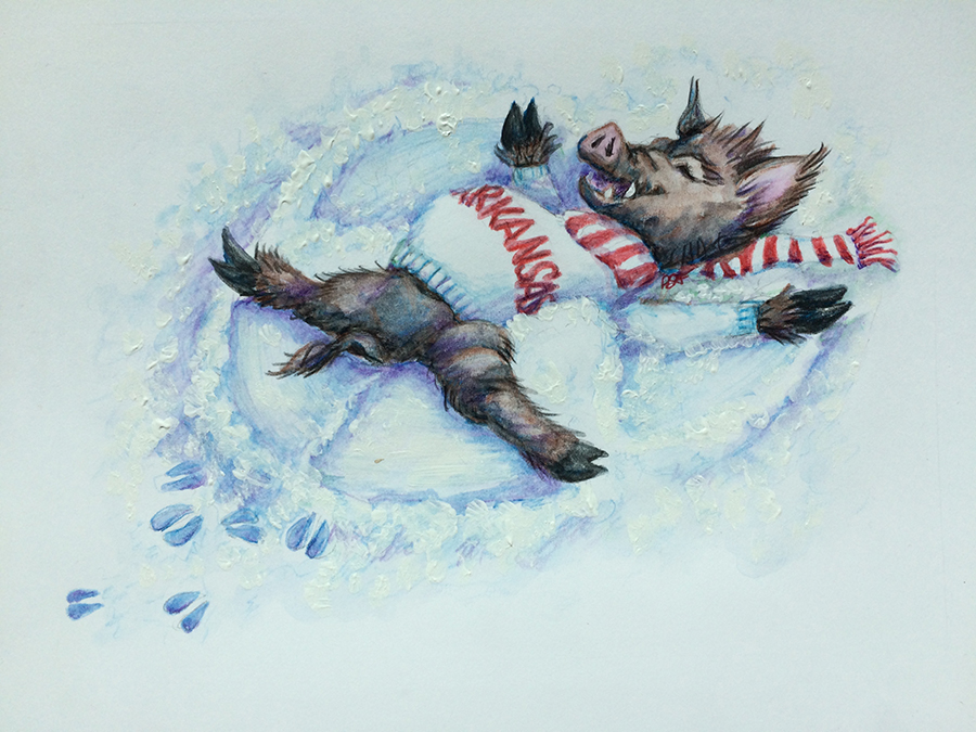 Painting of a Razorback hog making a snow angel in the snow.
