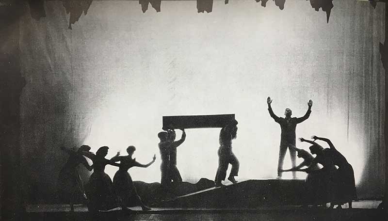 Performers on stage during a rehearsal of Acres of Sky