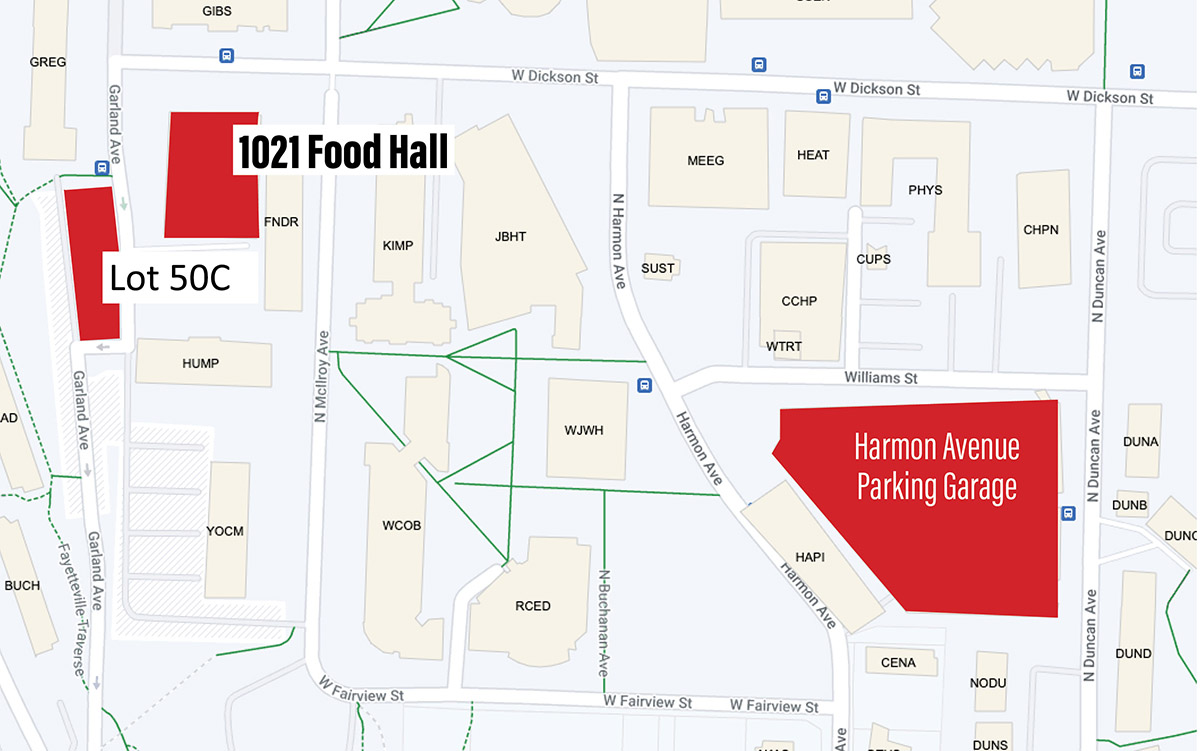 Map showing options for parking to attend staff appreciation picnic