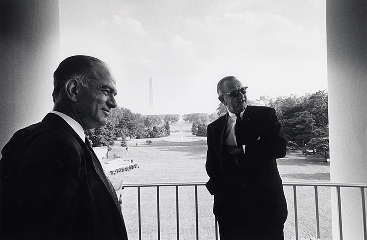 Archival photo of Sen. J. William Fulbright and President Lyndon Johnson.
