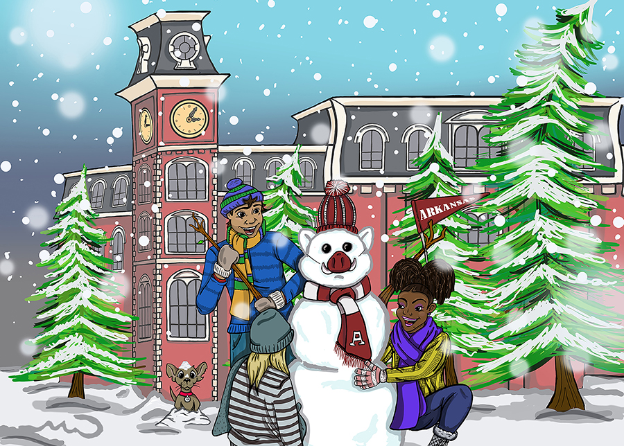 Graphic illustration depicting students making a snowman in front of Old Main.