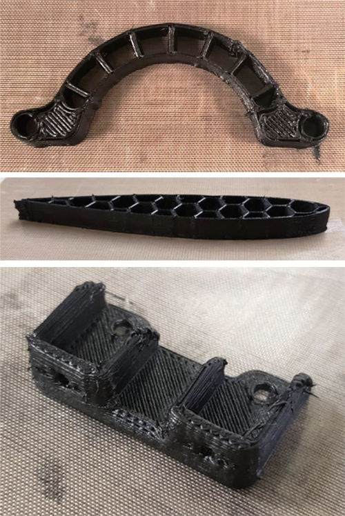 Three photos of 3D-printed parts.