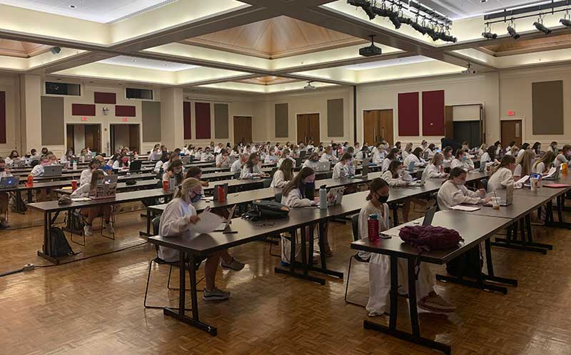 Nearly a hundred students study at the Verizon Ballroom in the Arkansas Union