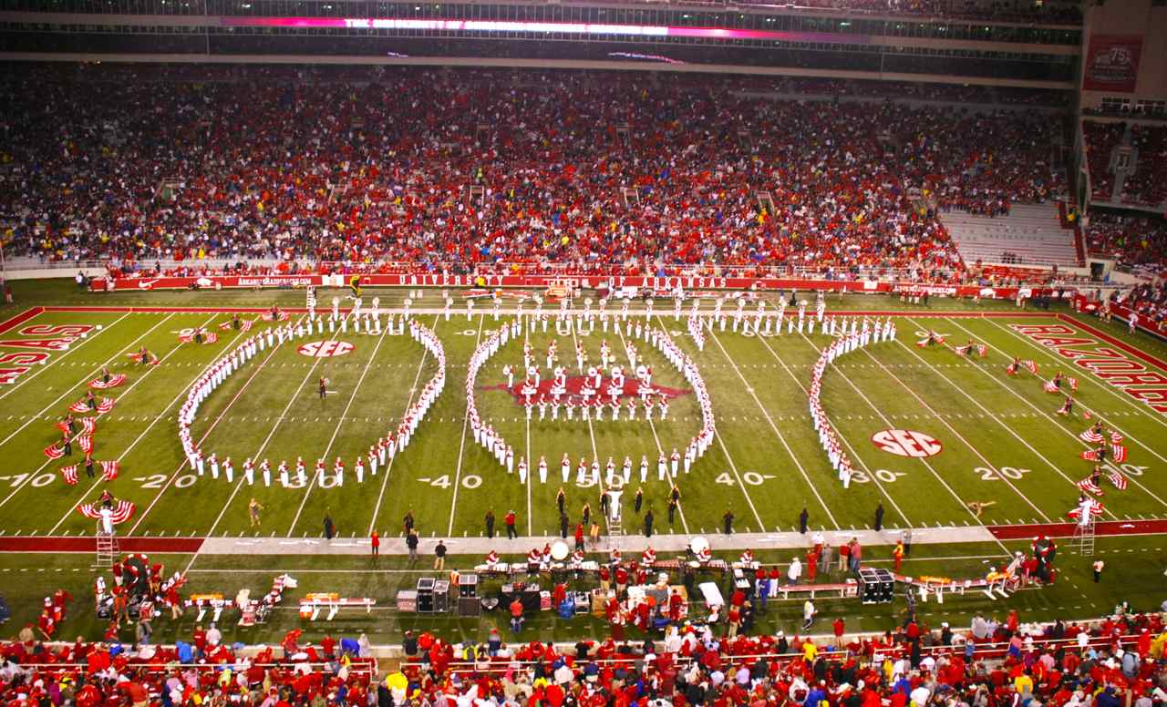 A moment from the Razorback Marching Band’s Bond Show