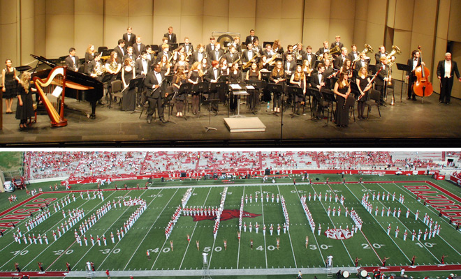 The University of Arkansas Wind Symphony with conductor W. Dale Warren (above); The Razorback Marching Band in their GO HOGS formation (below)