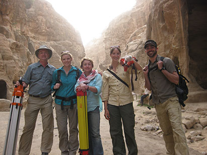 CAST researchers pause to take a group photo on location in Petra. From left to right, Malcolm Williamson, Eileen Ernenwein, Caitlin Stevens, Katie Simon and Adam Barnes