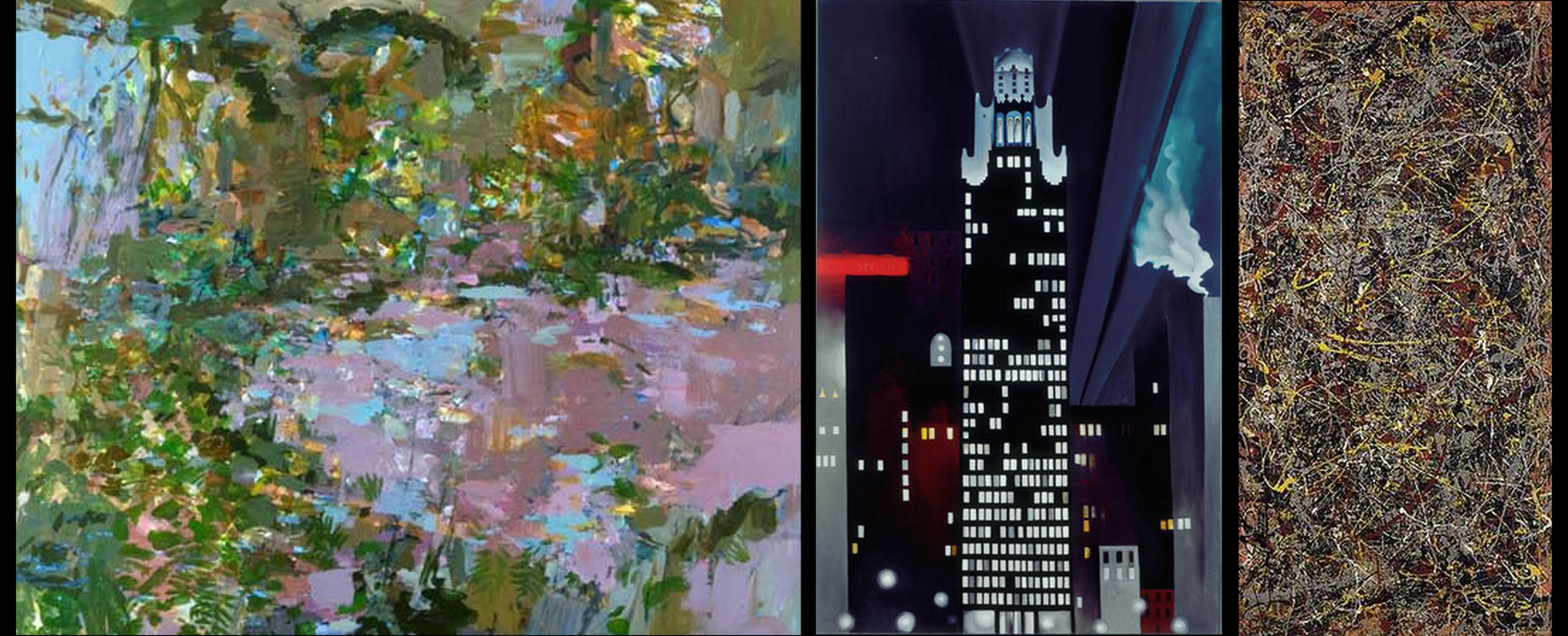 Left to Right: Rebecca Allan, "Vernal Pool, Ferns" (2009); Georgia O'Keeffe, "Radiator Building" (1924); Jackson Pollock, "No. 5" (1948)