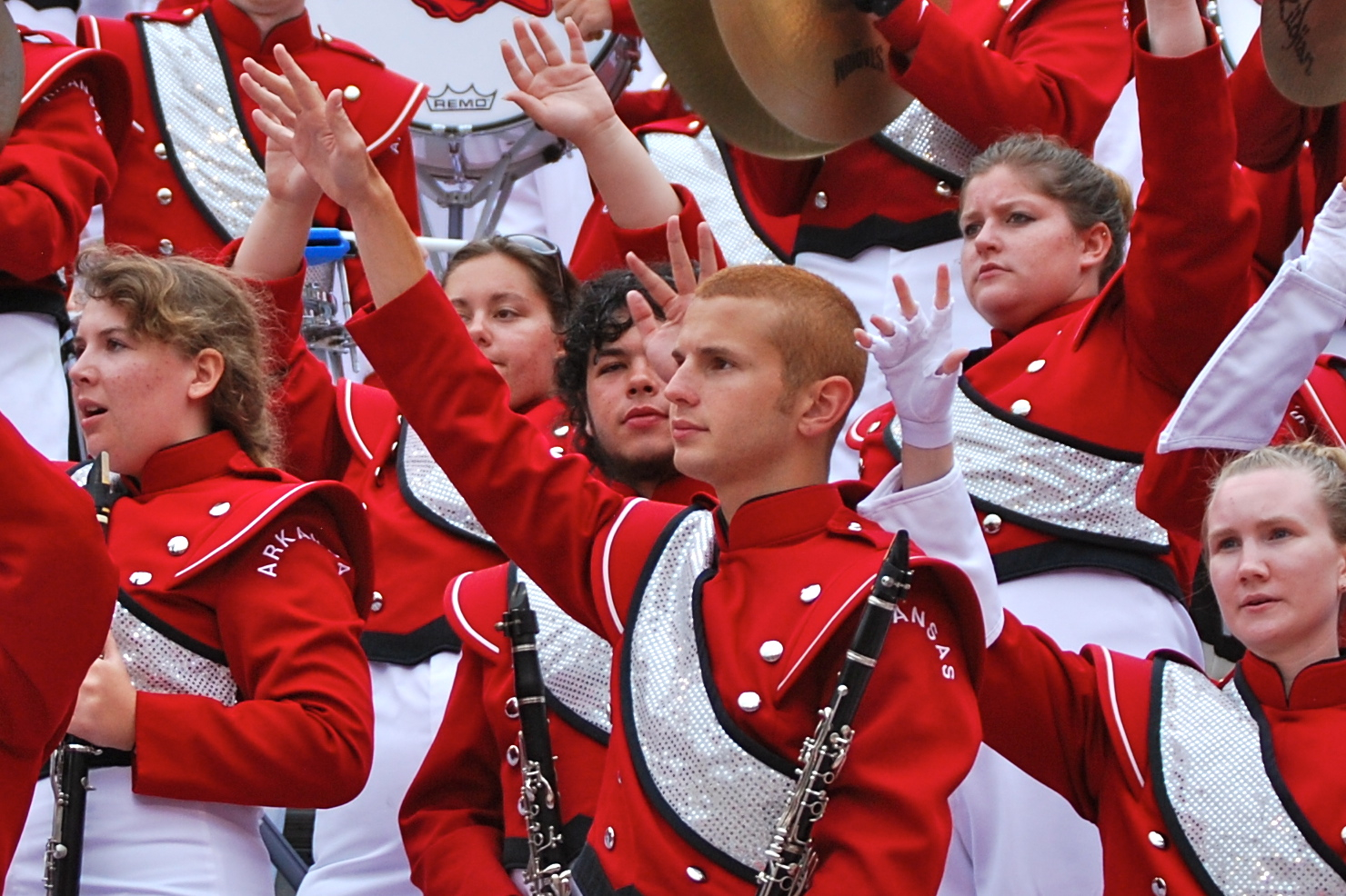 Christopher Queen (center, front) calls the Hogs with fellow clarinetists in the Razorback Marching Band.