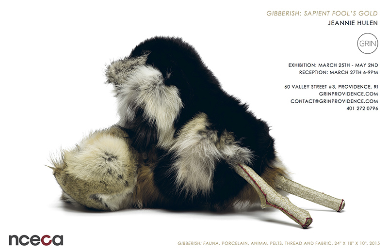 Gibberish: Fauna, Porcelain, Animal Pelts, Thread and Fabric, 24" x 18" x 10", 2015.
