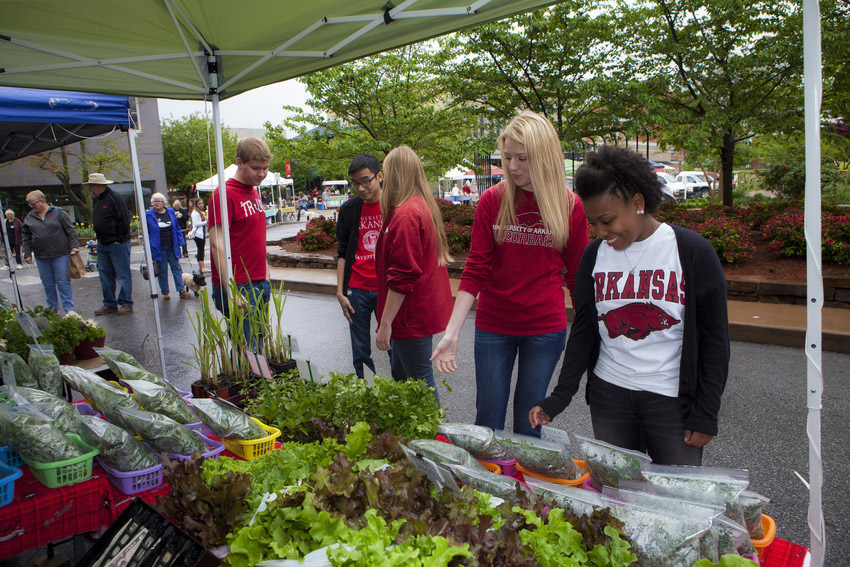 University of Arkansas students shop at the Fayetteville Farmers Market. A new grant will allow customers enrolled in two nutrition programs to double their purchasing power at regional farmers' markets.