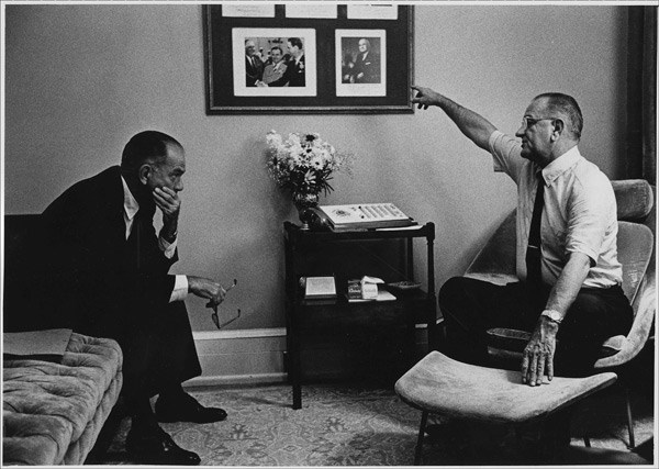 Senator J. William Fulbright and President Lyndon B. Johnson meet at the White House, 28 July 1965.