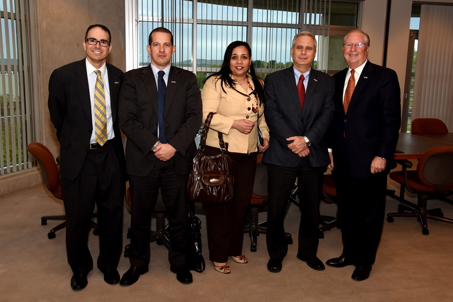 Cuban delegation visits UA, from left: Melvin Torres, World Trade Center; Yusel Arias Cruz, Cuban Ministry of Foreign Affairs; Karin Diez, Cuban First Secretary; Juan Lambigueiro, Cuban Deputy Chief of Mission; Dan Hendrix, World Trade Center.