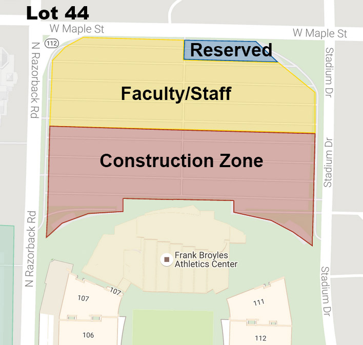 Student parking in Lot 44 on the north side of Reynolds Razorback Stadium will be moved to new and expanded lots along Razorback Road while construction occurs on the stadium.