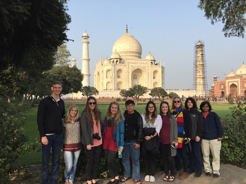 The Bumpers College group participating in the agricultural International Programs trip to India included (from left) Paul Wolf, Macie Kelly, Taylor Pruitt, Tara Harris, Steven Thao, Belkins Tejiera, Jordan Nichols, Molly Claire Laws and Department of Crop, Soil, and Environmental Sciences professors Mary Savin and Vibha Srivastava.