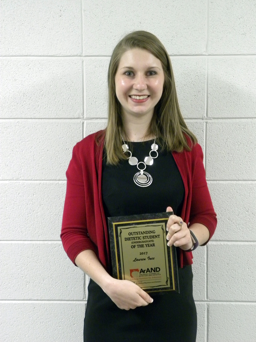 Junior Lauren Ince is the fourth Bumpers College student in the last five years to be named the state's Outstanding Dietetic Student by the Arkansas Academy of Nutrition and Dietetics.