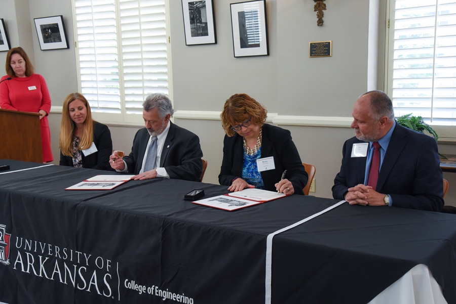 Representatives from the University of Arkansas and Honeywell signed a Master Collaboration agreement. From left to right: Heather Nachtmann, Julie Aitkens, Jim Coleman, Robin Stubenhofer, Jim Rankin.