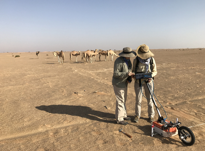Researchers Katie Simon and Jennie Sturm use the SIR 3000 with 400 MHz antennas to map an iron metalworking site in western Oman.