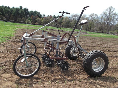 Part of the exhibition 'By the People: Designing a Better America,' the Farm Hack Tools' Culticycle is a pedal-powered tractor for cultivation and seeding. Built from readily available lawn tractor, all-terrain vehicle and bicycle parts, it is cheaper than motorized tractors, compacts the soil less and uses no fuel. 