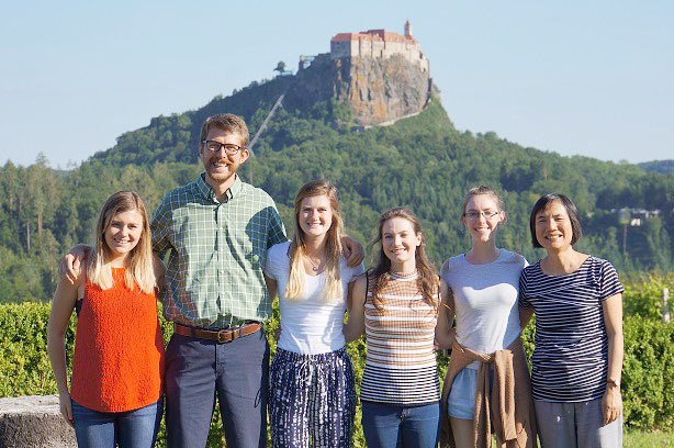 Food science students (from left) Sarah Mayfield, Nate Stebbins, Emily McCullough, Anastasia Mills and Brittany Frederick along with professor Ya-Jane Wang in Austria outside a chocolate production facility during the two-week short course.
