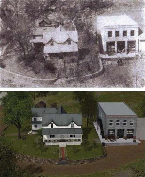 A comparison of the Hicks property from the same vantage point atop a bluff: photograph (circa 1918) at top; digital reconstruction of early 1920s at bottom.