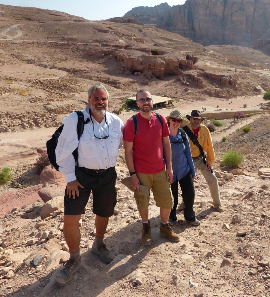 Tom Paradise, left, with graduate students in Petra, Jordan.