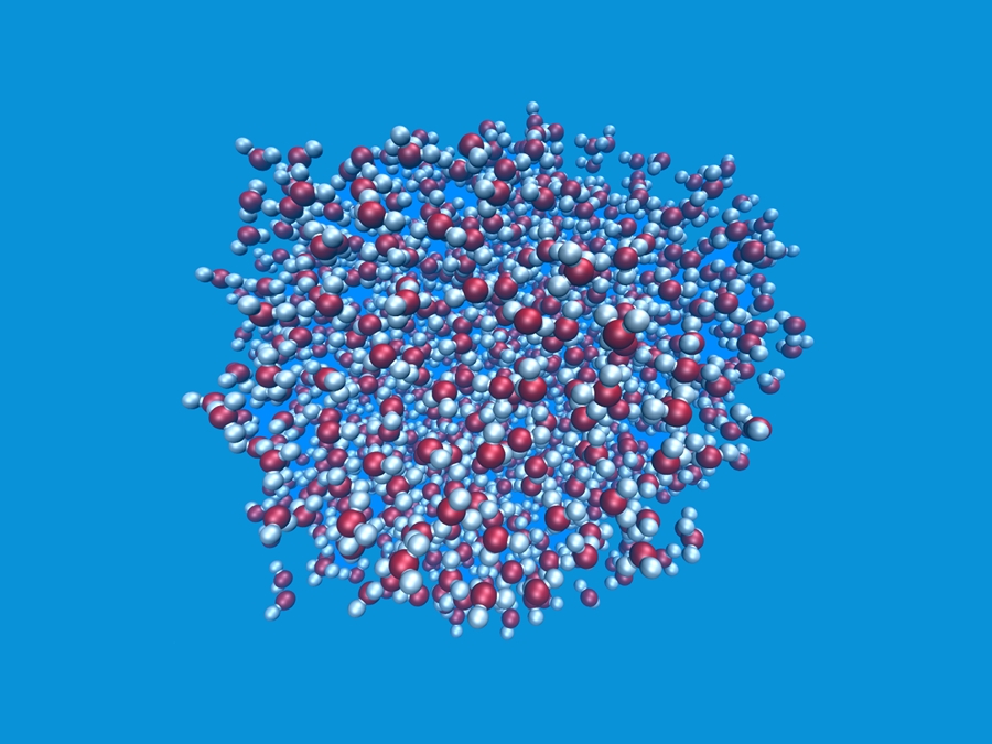 Computer simulation showing the molecular structure of a nanodroplet of water.