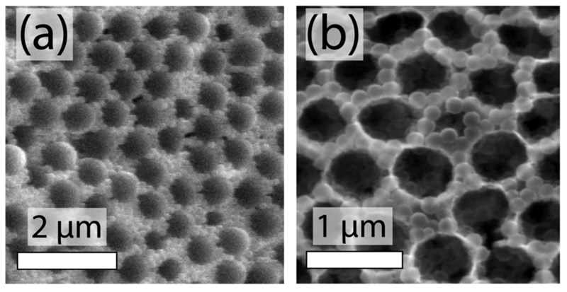 Researchers covered glass and polymer nanospheres with a thin layer of zinc oxide (left). After the polymer spheres were dissolved (right), they had a material that could act as a photoanode.