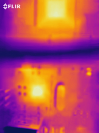 Infrared thermal imaging of an electronic system illustrating the high temperatures on devices. Researchers are working to increase how much heat electronic devices can withstand while still functioning.