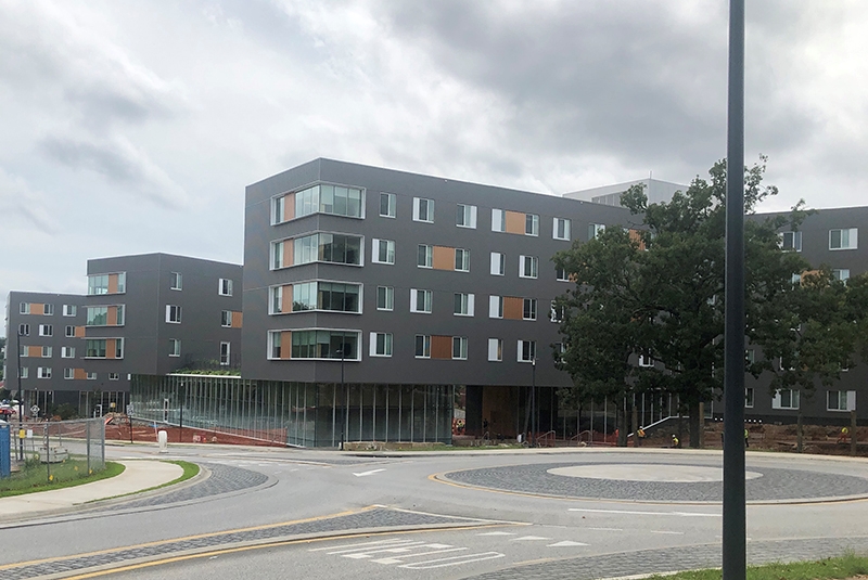 Adohi Hall, the newest residence hall on campus, is just east of Bud Walton Arena and south of Pomfret Hall.