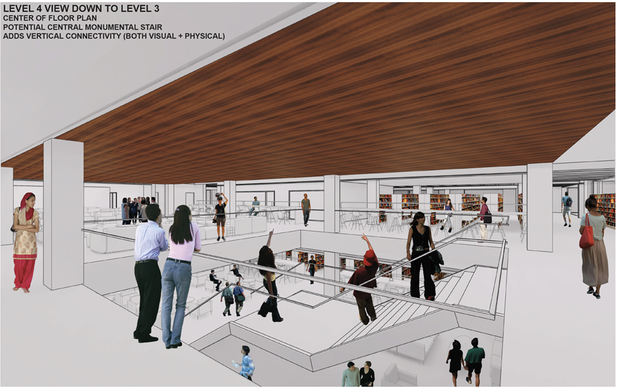 A conceptual rendering shows an upper floor of the library with redesigned study areas.