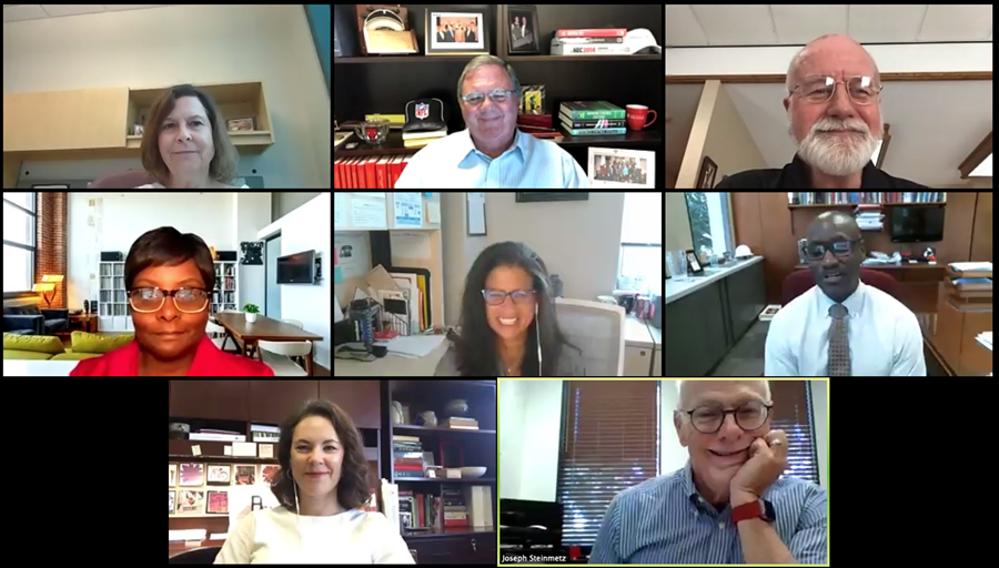 A screenshot of the campus officials participating in the final summer forum: From top left: Flo Johnson, Terry Martin and Mike Johnson; middle row: Yvette Murphy-Erby, Huda Sharaf and Charles Robinson; and bottom row: Laura Jacobs and Chancellor Joe Steinmetz.