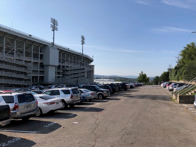Lot 72, west of Reynolds Razorback Stadium, is one of several lots that motorists are required to vacate before home football games.