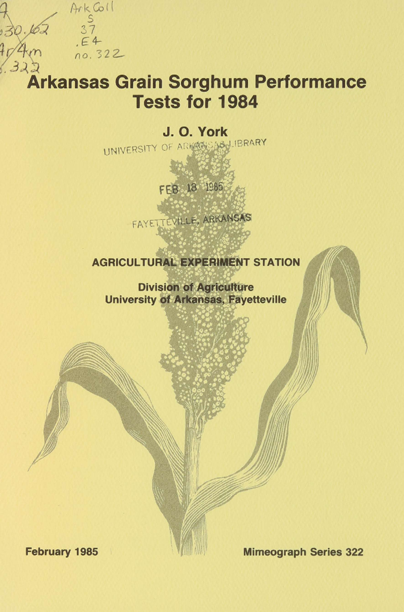 Cover of Arkansas Grain Sorghum Performance Tests for 1984, Mimeograph Series 322
