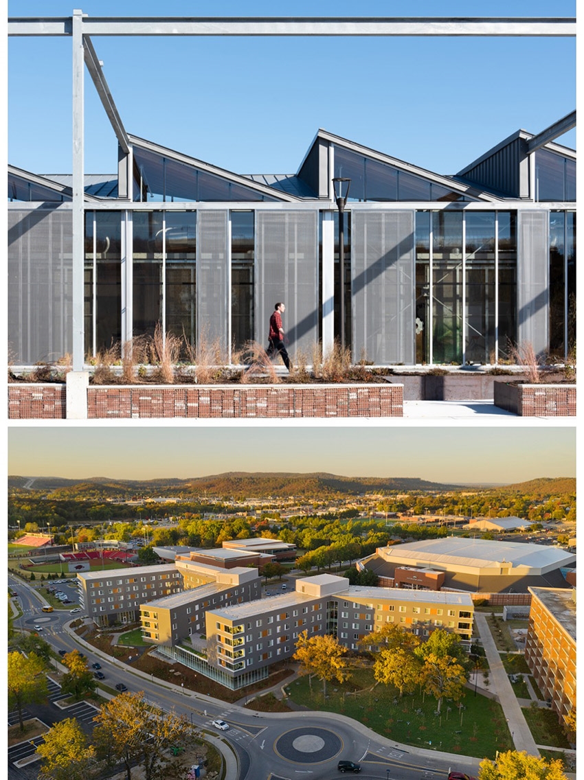 Two projects — Blackstone Visitors Center in Worcester, Massachusetts (at top), and Adohi Hall at the U of A — each received two honors in the 2020 Fay Jones School Alumni Design Awards competition. These projects were designed by alumni with designLAB Architects in Boston, Massachusetts, and Modus Studio in Fayetteville.