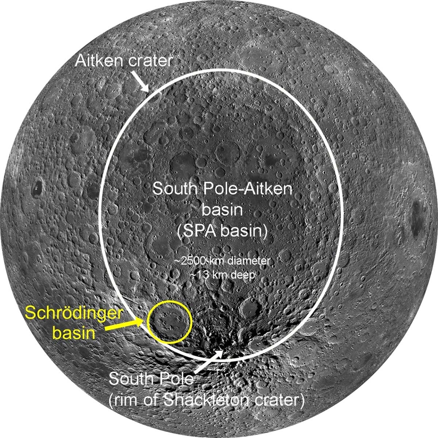View of the southern, midlatitude far side of the moon showing the SPA basin outlined in white and the Schrödinger basin outlined in yellow (modified from LPI Lunar South Pole Atlas).