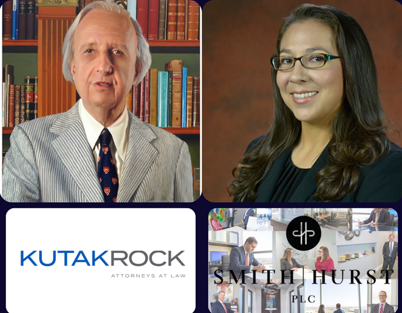 From top left: Morris Arnold, Alayna Farris, logo of Kutak Rock, LLP logo and logo of Smith Hurst, PLC.