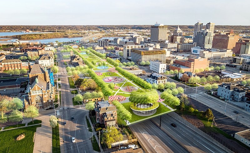 InterPlay Park in Peoria, Illinois, creates a new intergenerational park that reconnects communities that have been historically divided by the construction of the I-74 Interstate corridor.