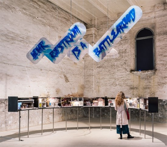 "Your Restroom is a Battleground" is a multi-media installation by JSA/MIXdesign, Matilde Cassani, Ignacio G. Galan and Ivan L. Munuera. The work is part of the 17th International Architecture Exhibition at the 2021 Venice Biennale in Italy.